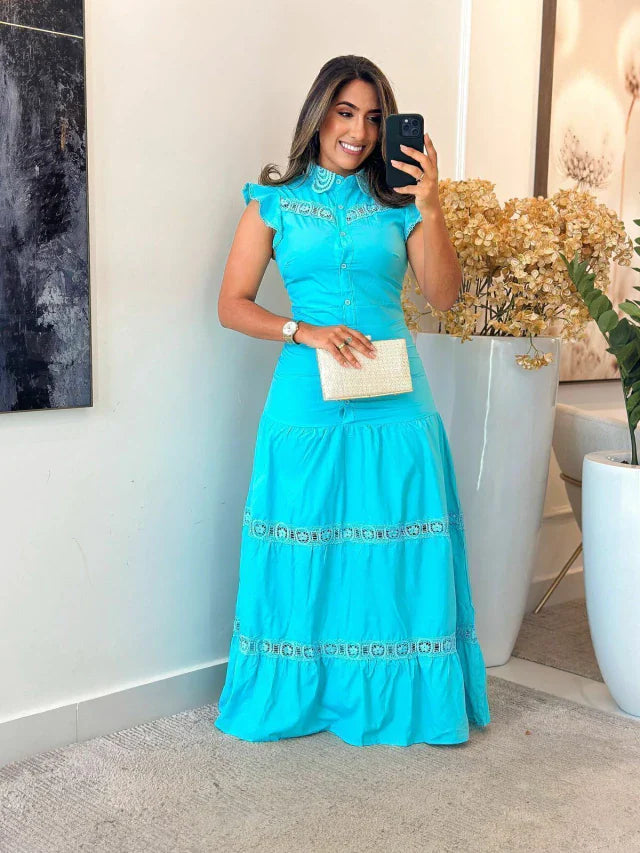 1195 - Vestido tricoline | babado na manga com botões