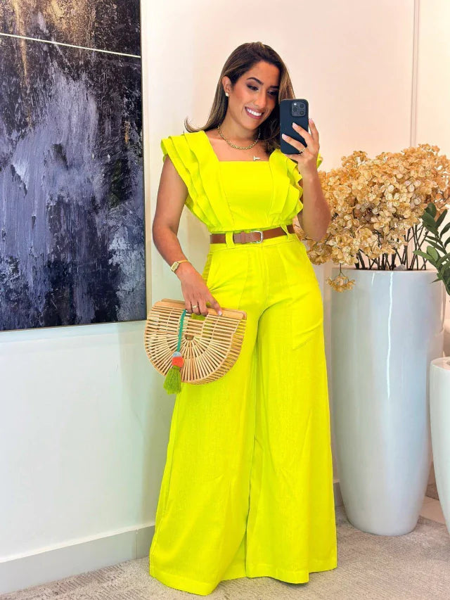 1052 - Conjunto linho | cropped 3 babados