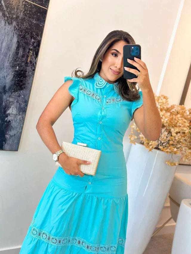 1195 - Vestido tricoline | babado na manga com botões