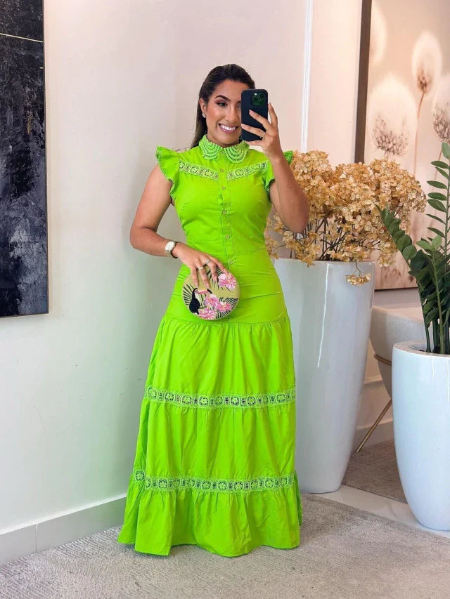 1195 - Vestido tricoline | babado na manga com botões