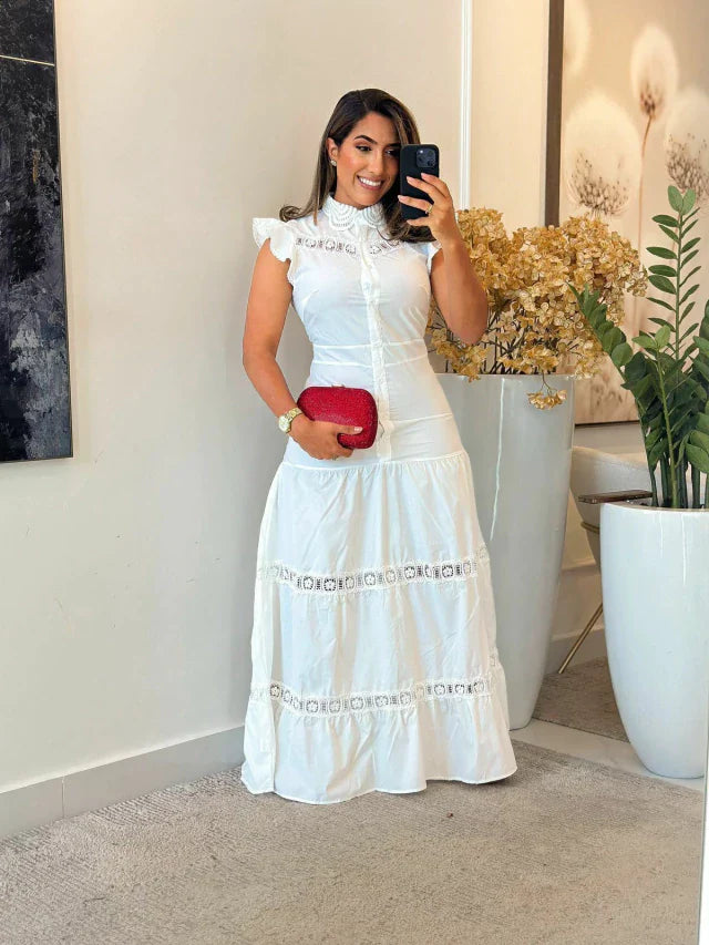 1195 - Vestido tricoline | babado na manga com botões