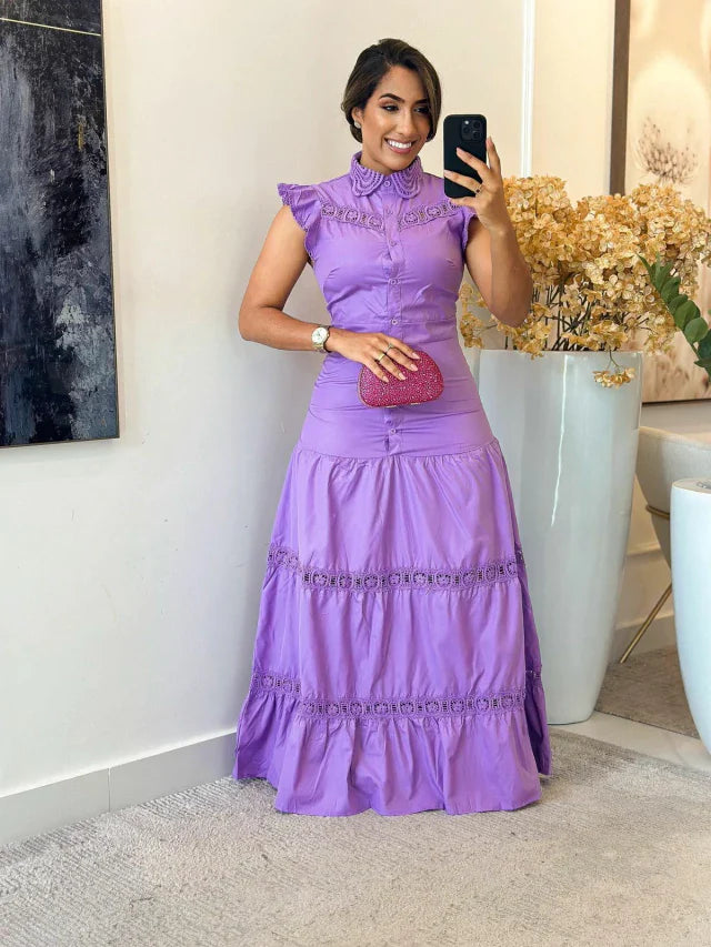 1195 - Vestido tricoline | babado na manga com botões