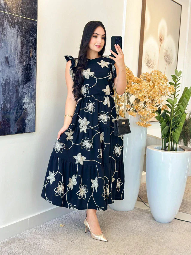 2263 - Vestido Duna | Manga babado bordado pode variar