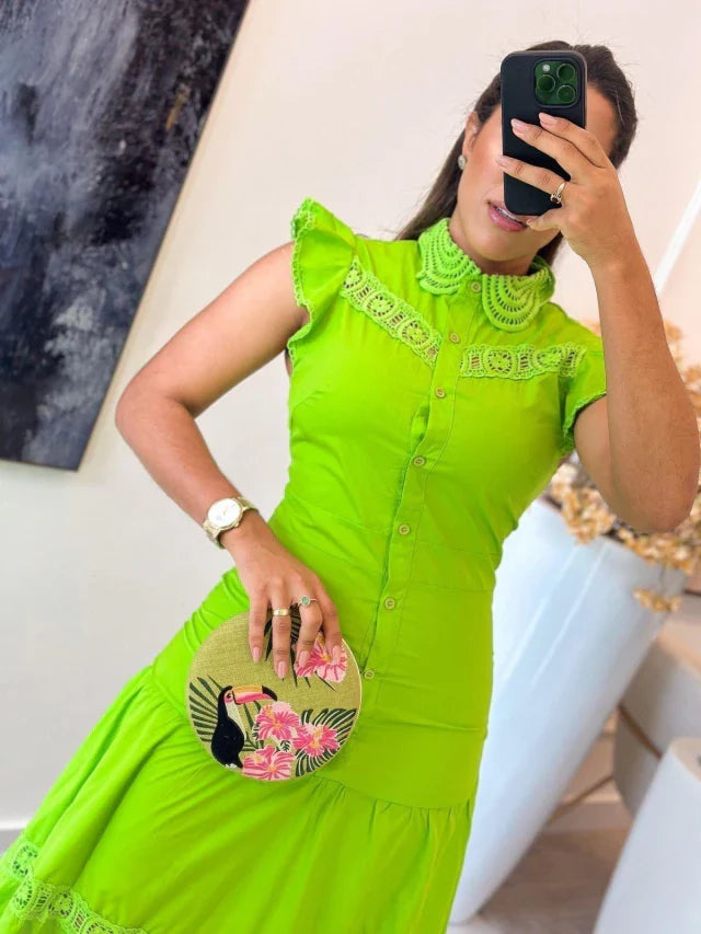 1195 - Vestido tricoline | babado na manga com botões