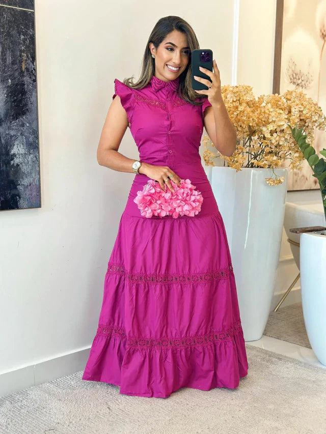 1195 - Vestido tricoline | babado na manga com botões